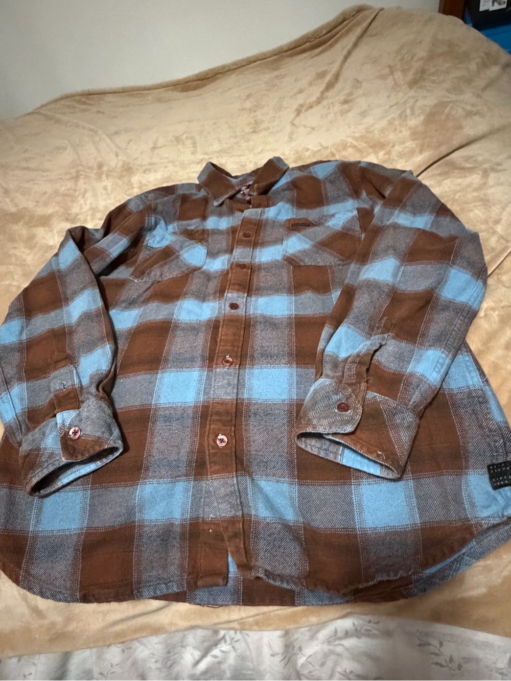 Quiksilver Brown and Light Blue Plaid Button-Down Shirt Men’s XL